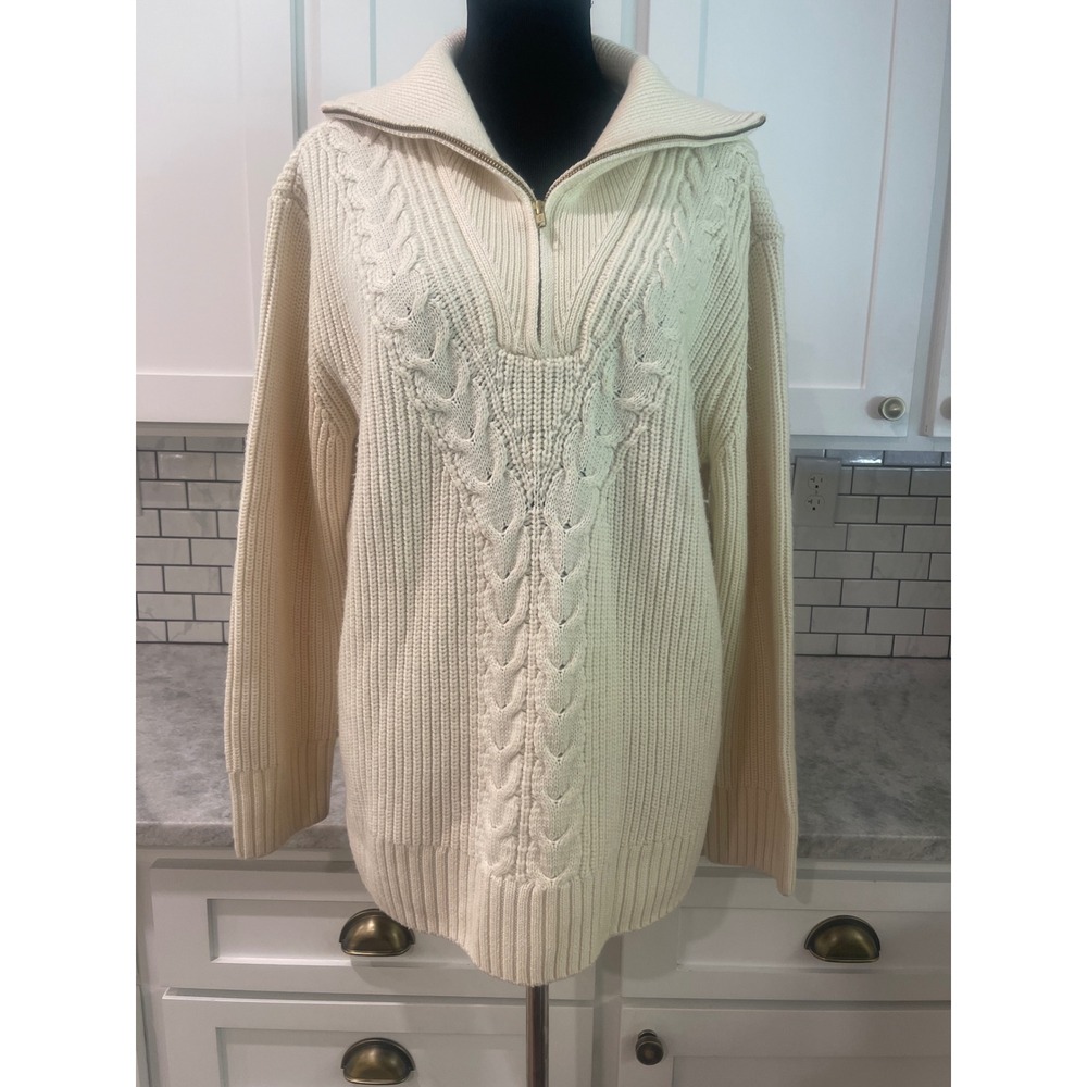 Tuckernuck Sweater Womens XL Cream Wool Cable Knit Quarter Zip Pullover